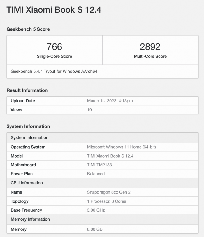 小米笔记本S 12.4曝光：搭载骁龙8cx Gen2 运行Windows 11系统