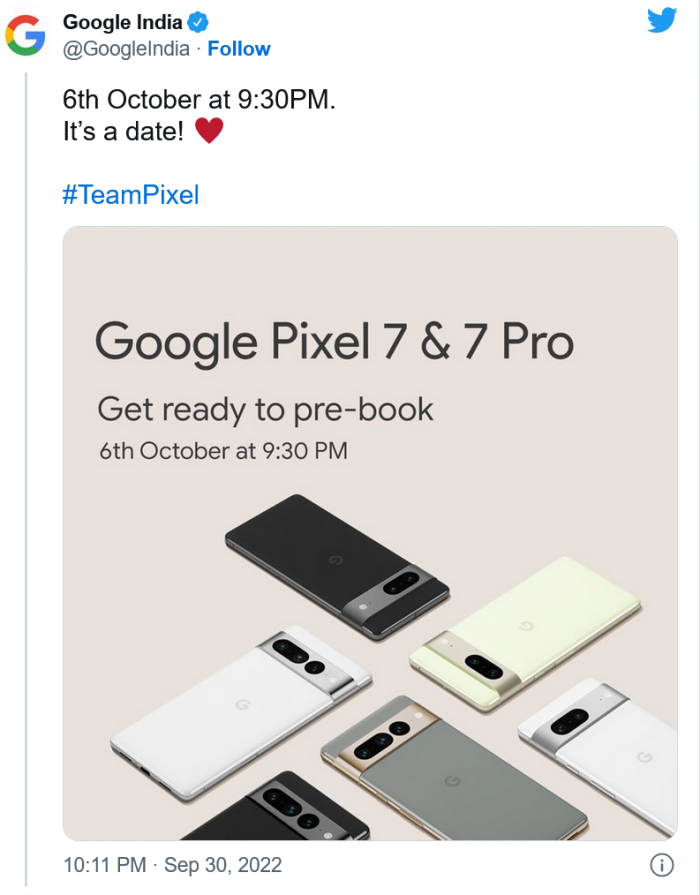 谷歌Pixel 7和Pixel 7 Pro将于10月6日在印度开始预购