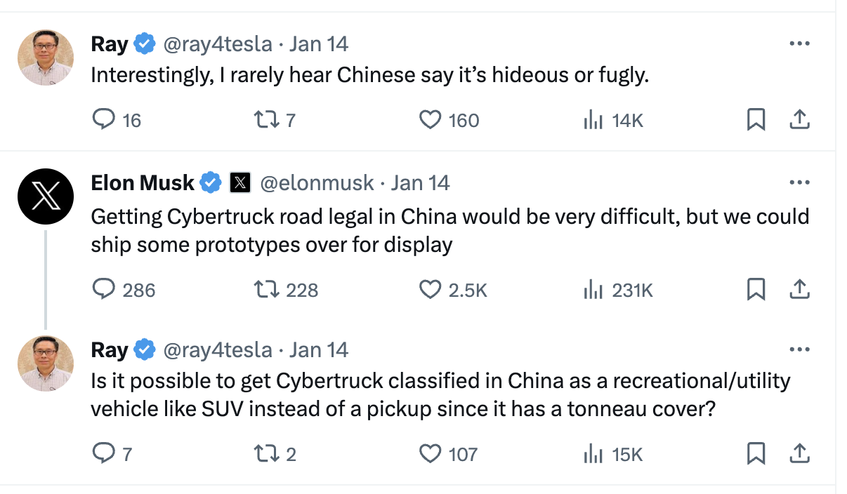 Elon Musk says Tesla Cybertruck could be displayed in China