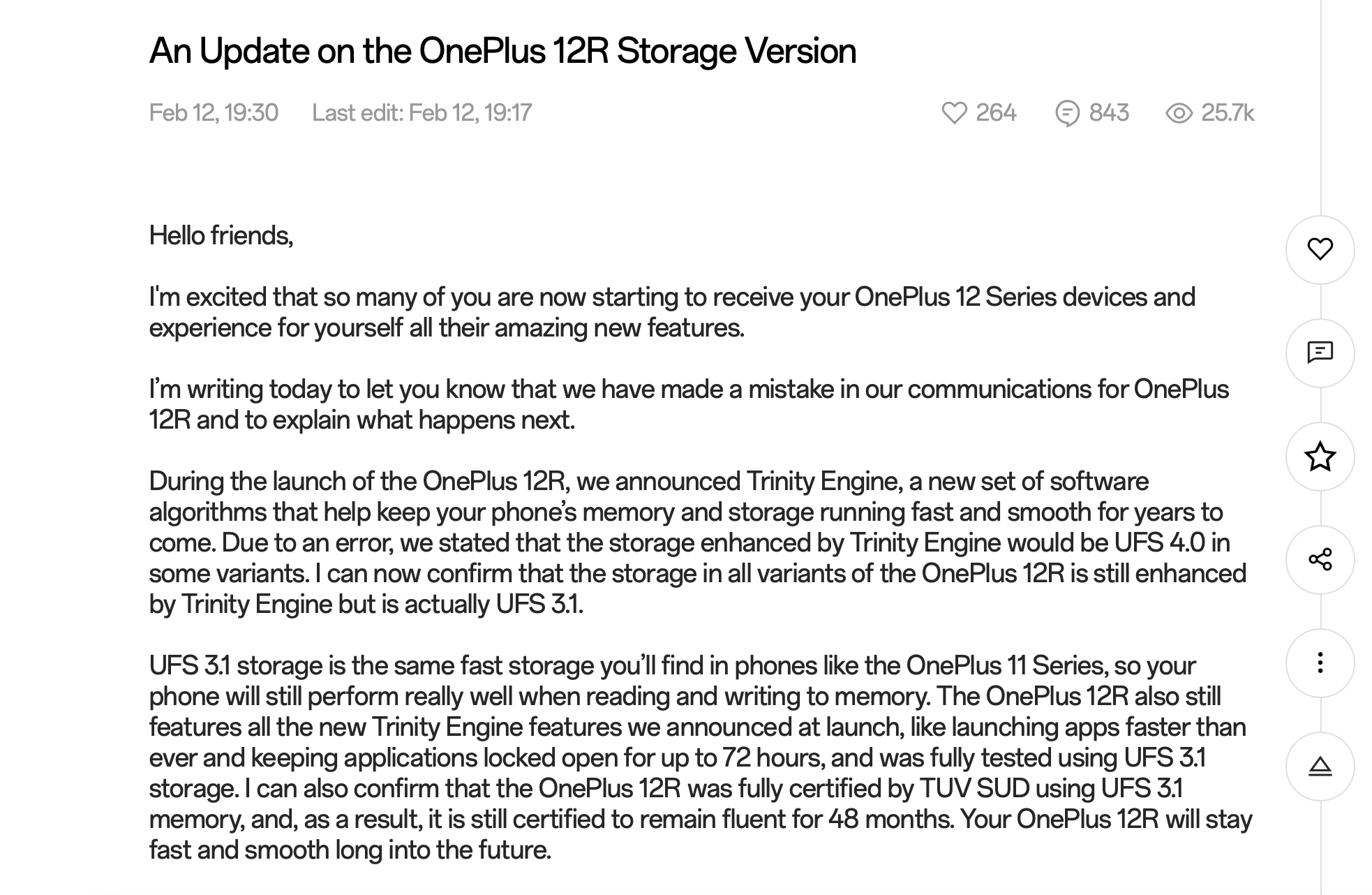 OnePlus offers a refund for OnePlus 12R 256GB phone after inaccurate UFS 4.0 claim